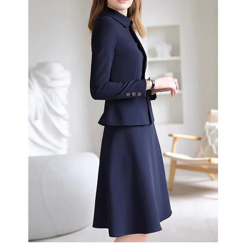 Navy Blue set blazer wanita, setelan jas bisnis modis, rok dua potong, mantel kerah lipat, sabuk pas badan, lengan panjang cantik