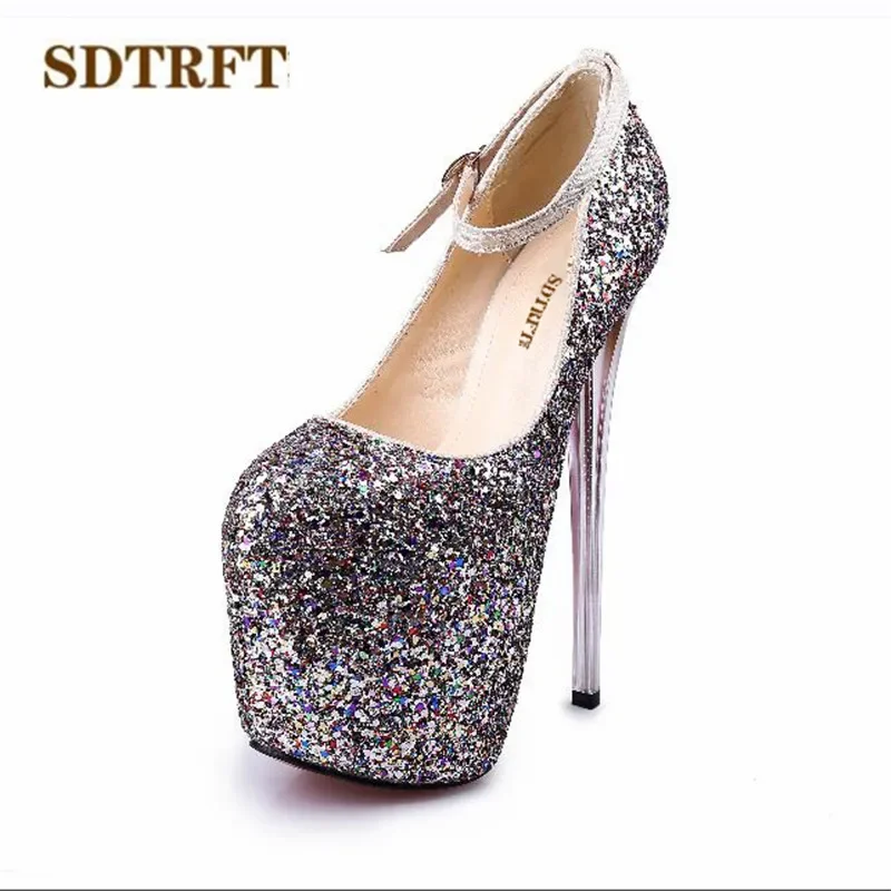 SDTRFT Crossdresser Stiletto 20cm Thin Heels Female Buckle Shoes Woman Gold Wedding Platform Bling Paillette Pumps US16 17 18 19