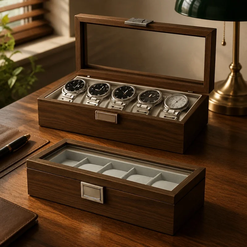 Black Walnut Wood Watch Organizer Box with Six-Slot Display and Storage Compartment