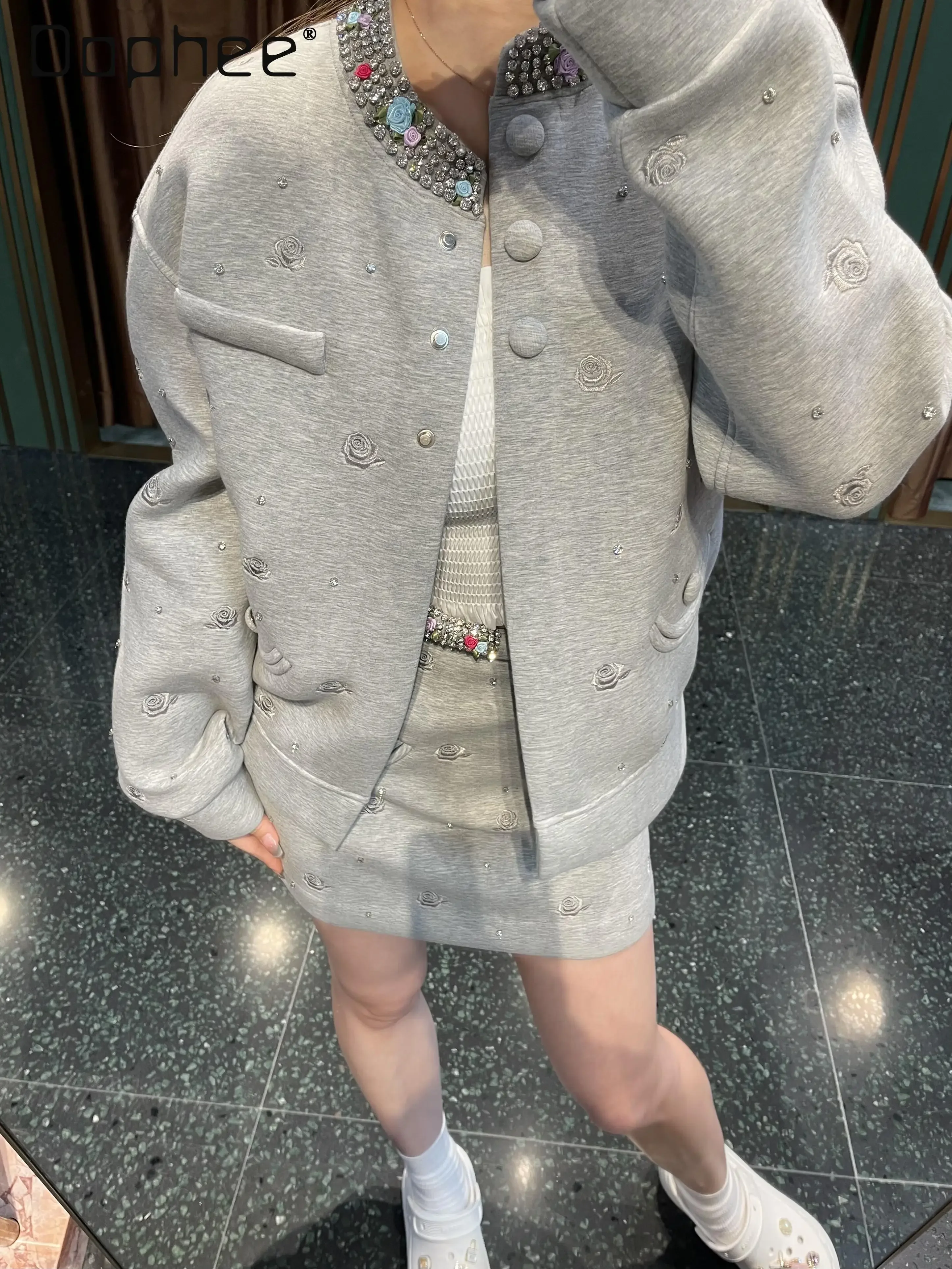 

Autumn Women's Diamonds Embroidery Jackets Heavy Industry Two Piece Sets High Waist A Line Short Skirt Gray Casual Fashion