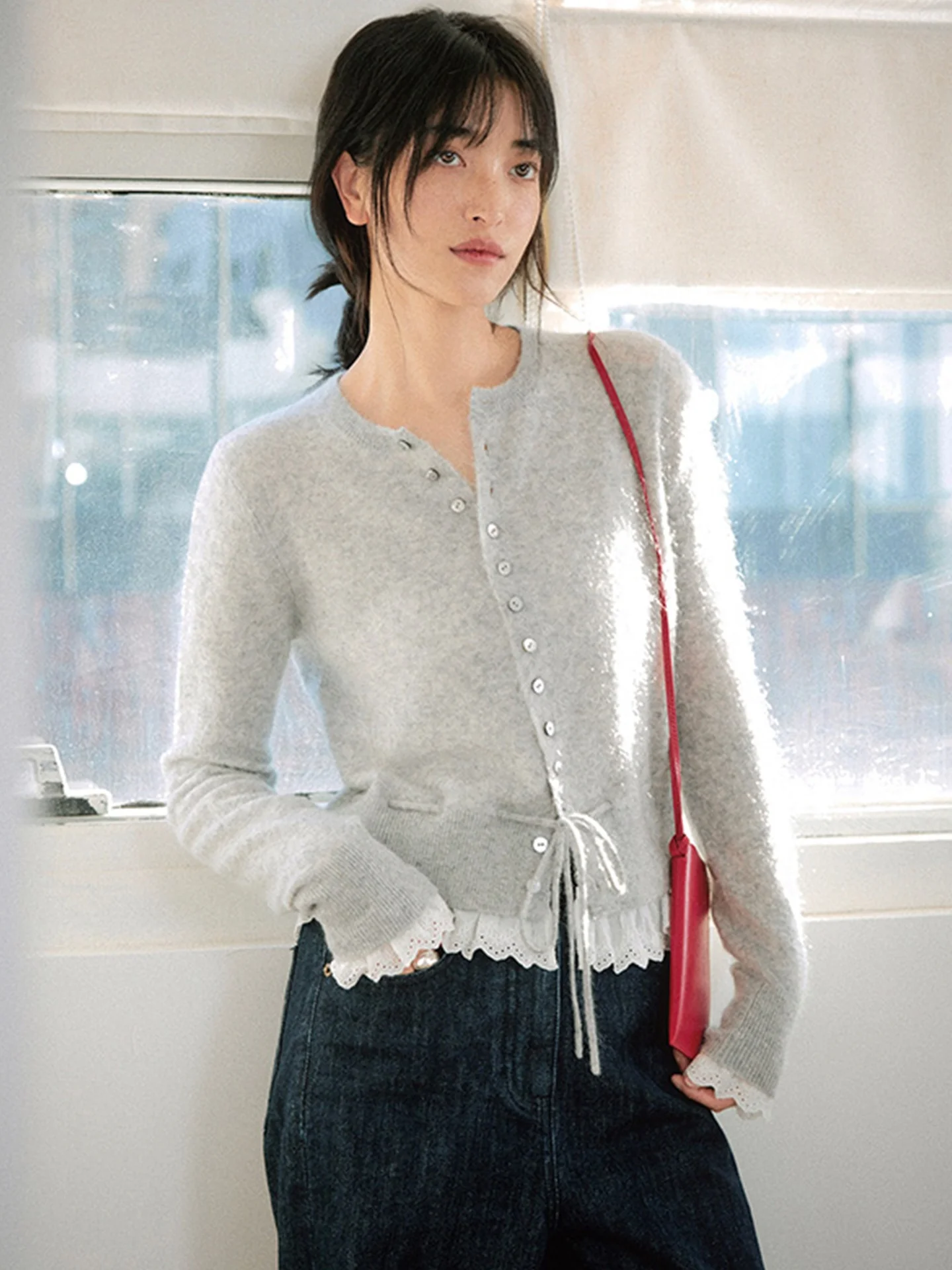 

Red Thiened Soft Knitted Sweater with Belt Waist Cinching Winter Cardigan Women's Faion Commute Sle Korean Straight Cut