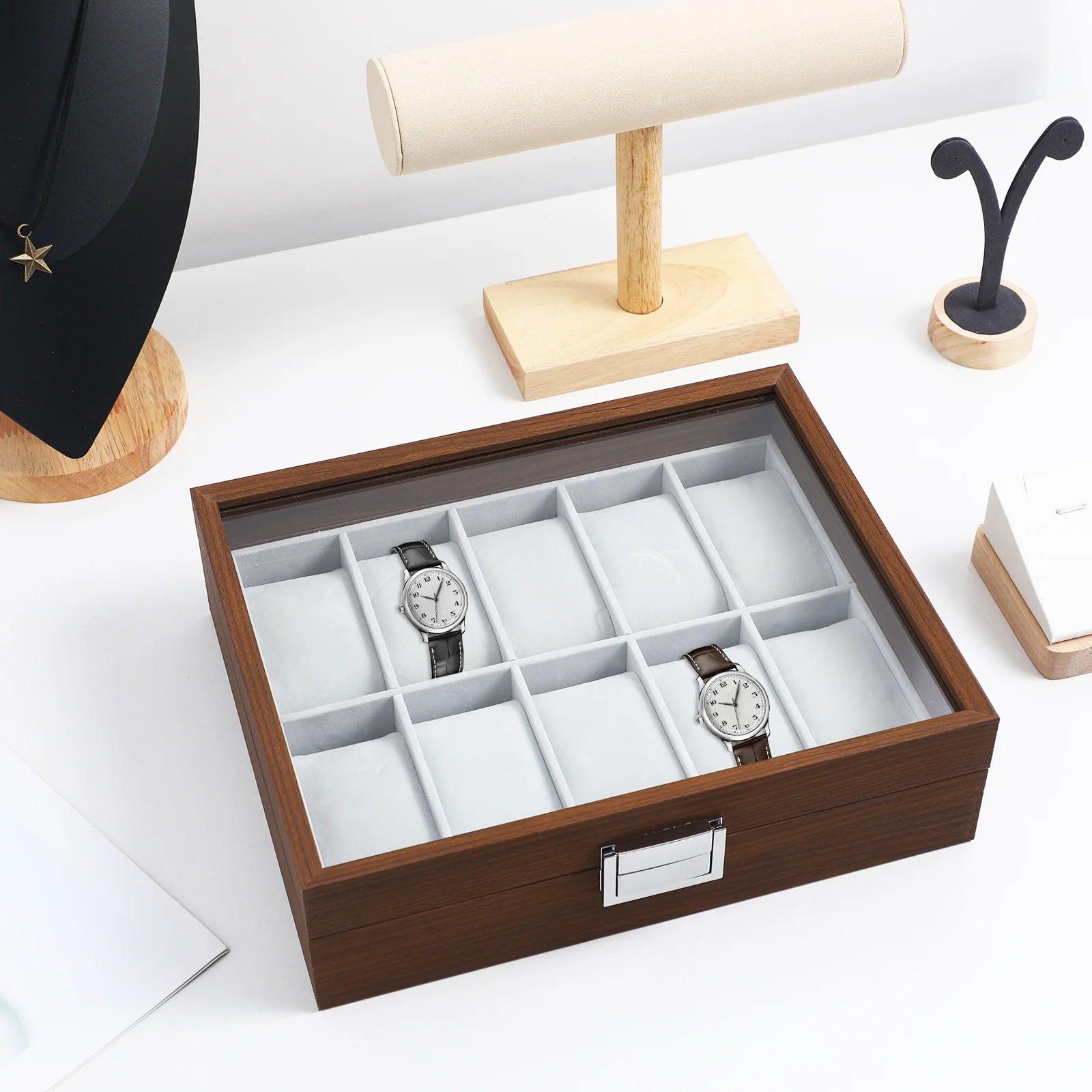 صندوق تخزين من خشب الجوز مع غطاء شفاف مبطن حامل مُنظِم للساعة للرجال صندوق عرض مجوهرات ديكور #5