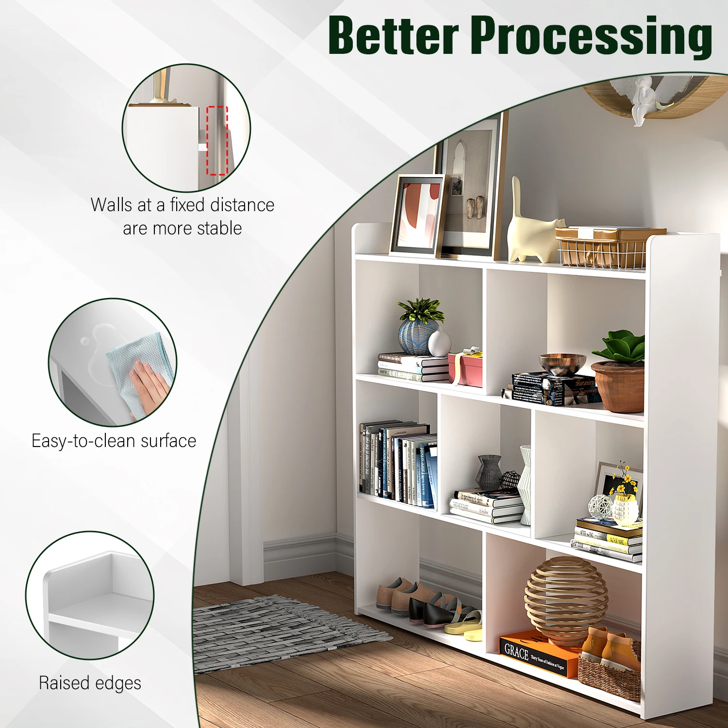 وحدة تخزين مكونة من 3 طبقات و7 مكعبات وخزانة كتب ومنظم أرفف المكاتب المنزلية باللون الأبيض