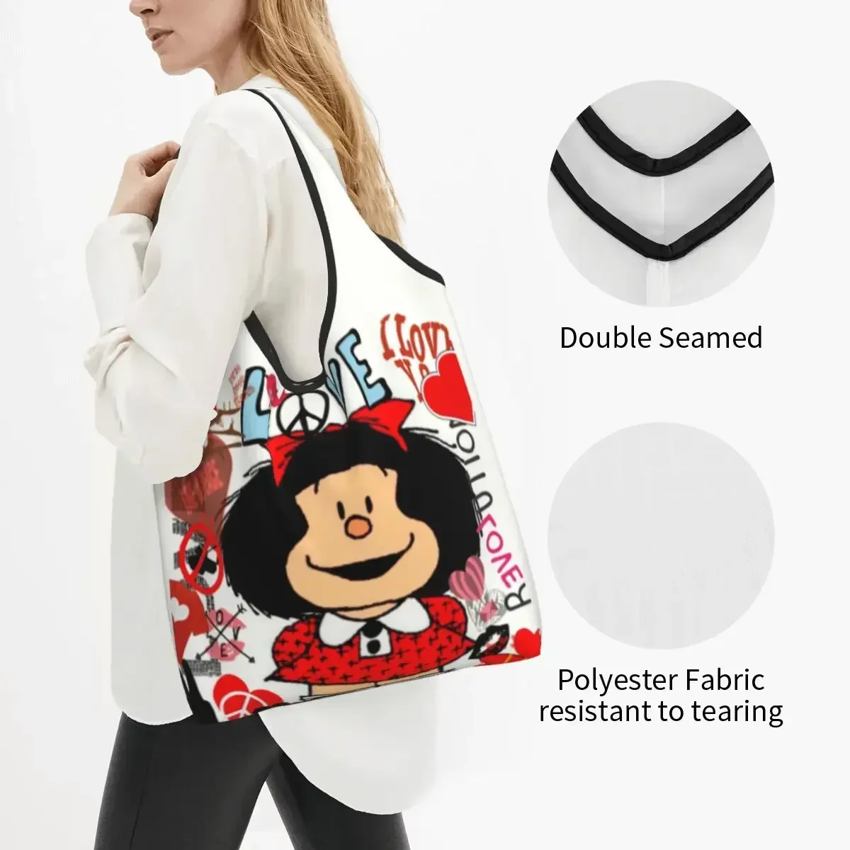 Love And Mafalda Surrounded By Hearts Shopping Bags Women Portable Large Capacity Groceries Manga Cartoon Shopper Tote