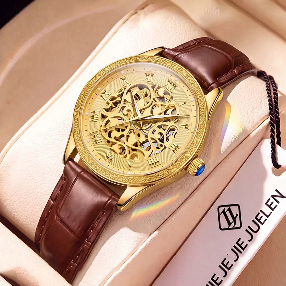 LOUIE JUELEN Women's Mechanical Watch Gold Luxury Engraved Case Skeleton Dial Chanel-Style Women's Business Watch Gifts