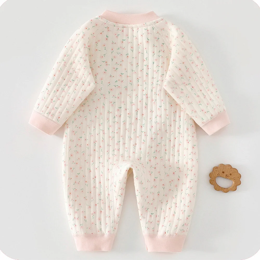 Baby Girl Winter Clothing Floral Quilted Warm Autumn Baby Romper Long Sleeve Soft Breathable Newborn Jumpsuit