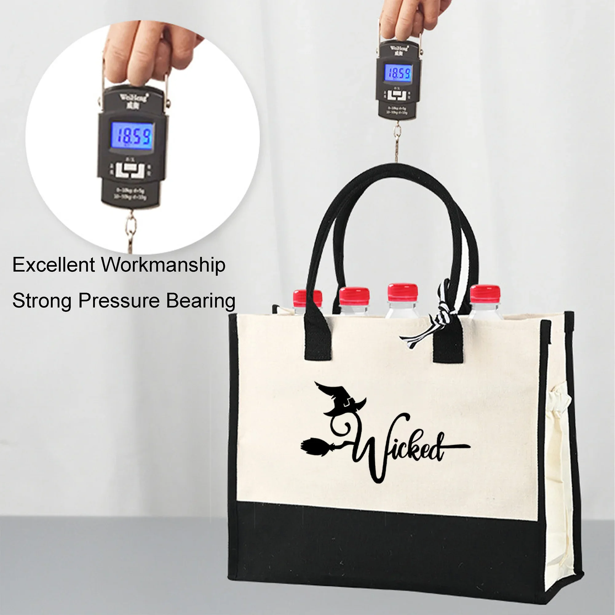 마녀 패턴 캔버스 비치 백, 컬러블록 토트백, 캐주얼 대용량 쇼핑 토트백, 선물 포장 가방, 할로윈 선물