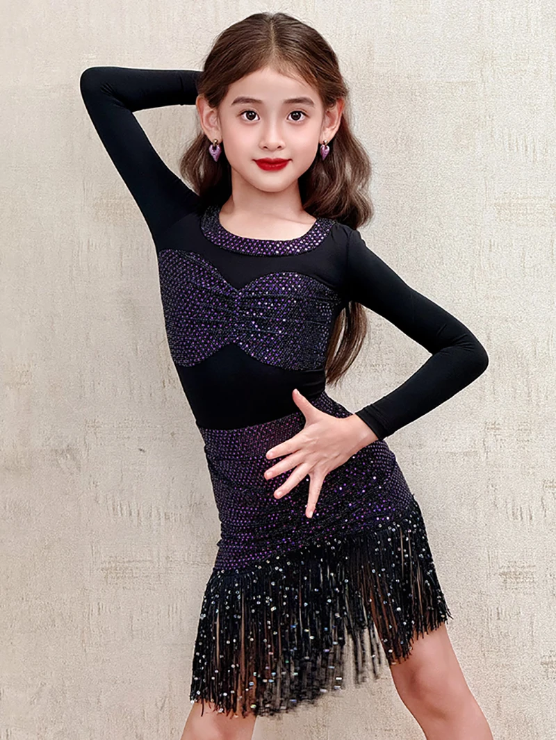 Costume de danse latine pour enfants filles, body brillant à manches longues et jupes à paillettes et pompons, ensemble de pratique de Performance Rumba Chacha
