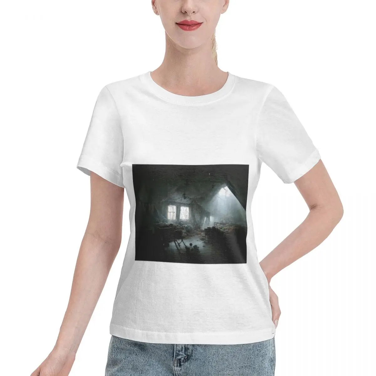 Hot Sale Painting Of A Haunted Attic Volumetric Lighting Women's T-shirt Youthful Outdoor Casual Top