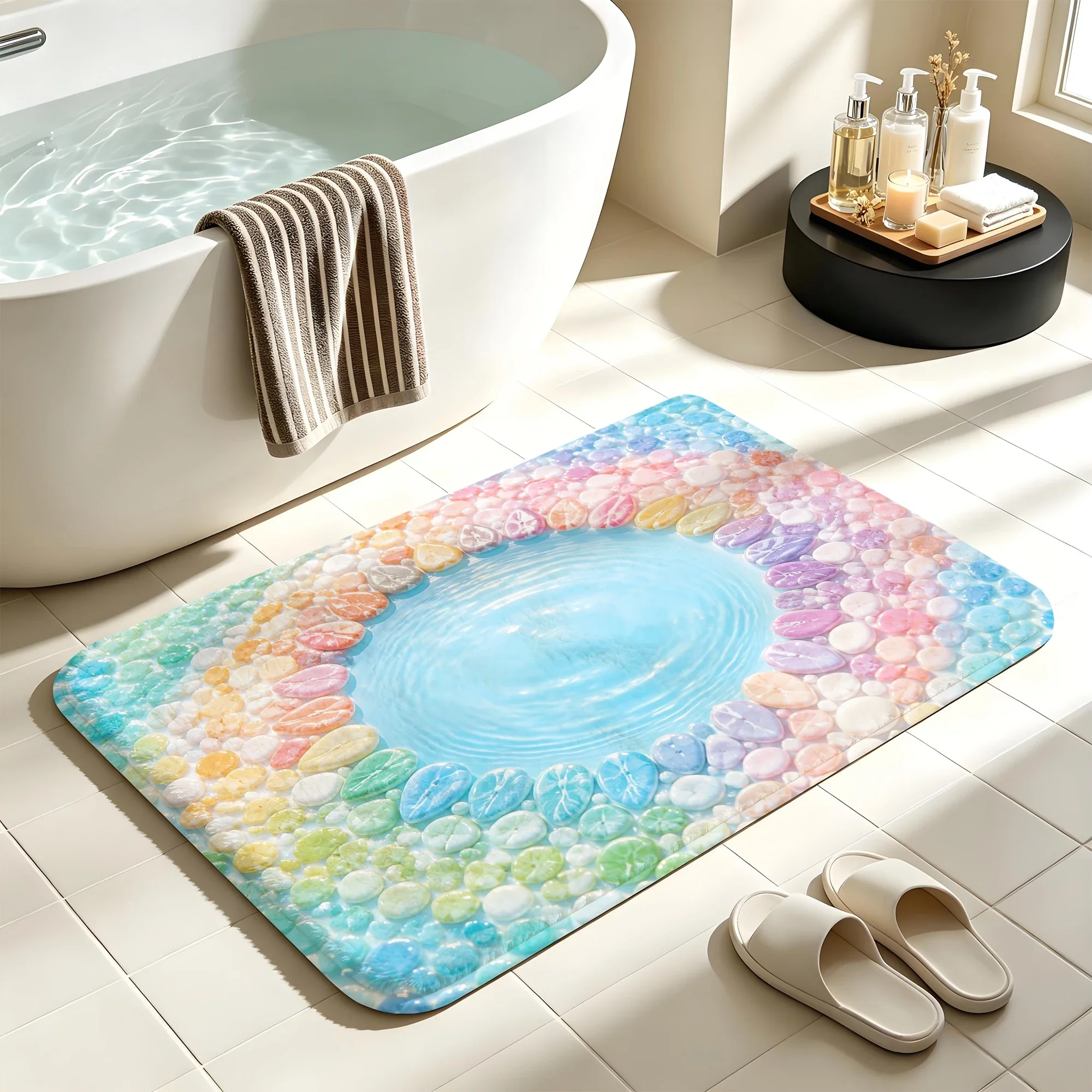 Bathroom use absorbent quick drying floor carpet home decoration flannel anti slip shower carpet pebble theme