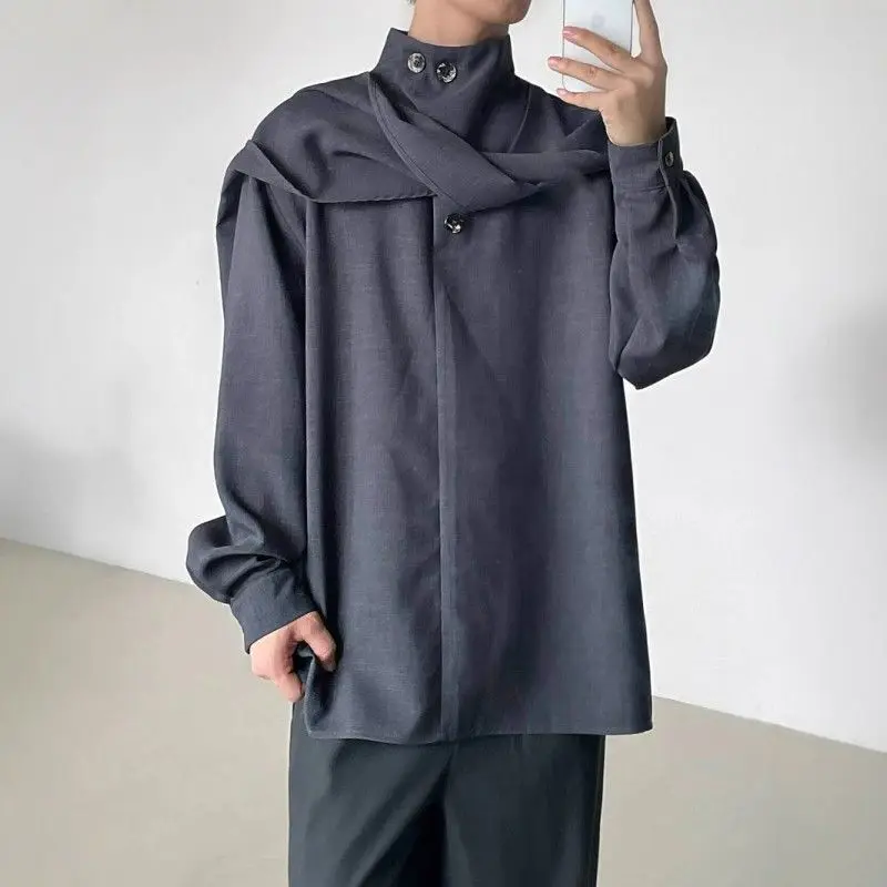 

Dress Up Tshirt Pants Set Unisex Half Turtleneck Ribbon Stand Collar Shirt Niche Scarf Versatile Clothes Men Aesthetic Cool