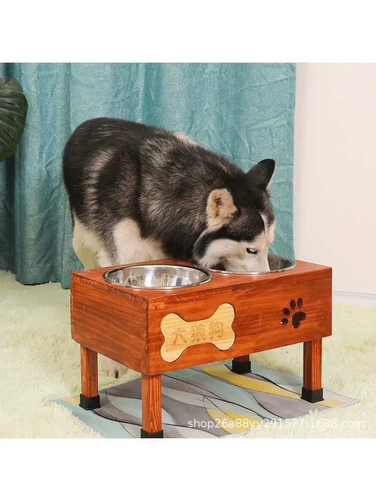 Dog Bowl Large Dog Double Bowl Solid Wood Frame Stainless Steel Anti-upset Dog Basin Dog Bowl Holder Protects Cervical Vertebrae