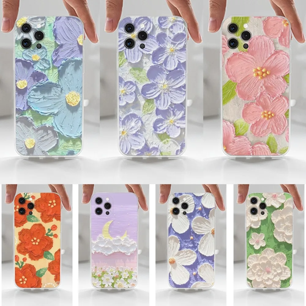 

Retro Oil Painting Flowers Case For iPhone 16,15,14,13,12,11 Plus,Pro,Max,XR,XS,X,7,8 Plus,SE,Mini,Transparent,Silicone Case