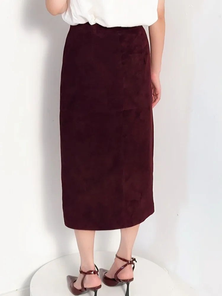 Fashion Vintage Women Real Suede Leather Soft Comfortable Skirt Autumn High Waist Straight Skirts Casual Office Lady Work Skirts