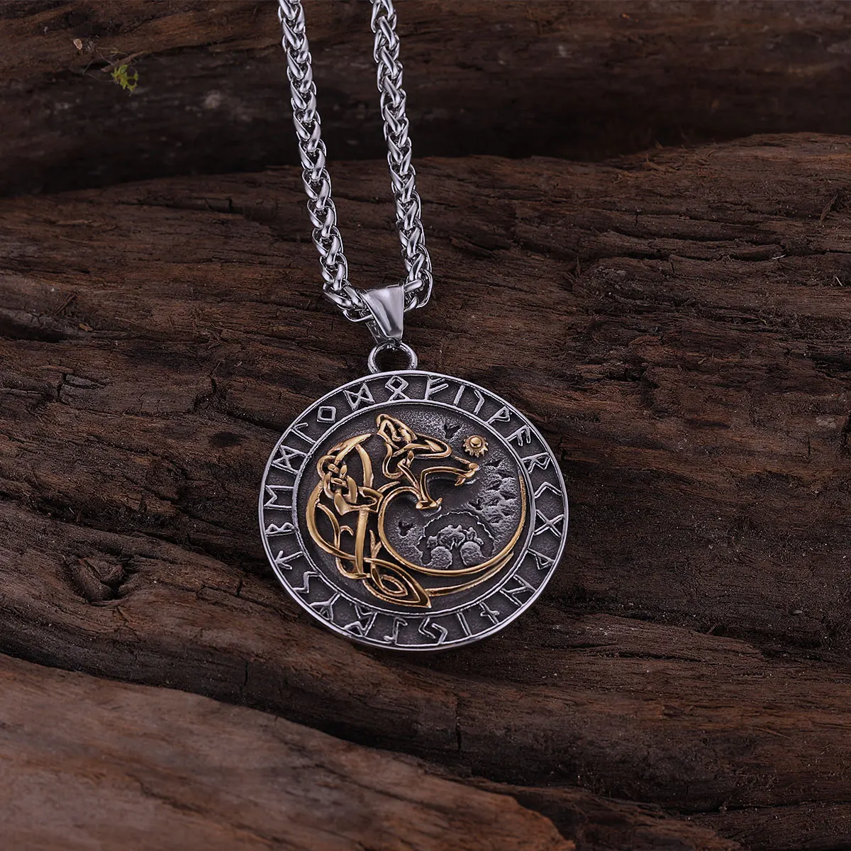 Stainless Steel Nordic Mythology Wolf Necklace Viking Vintage Rune Amulet for Men Women Pendant Jewelry Gift