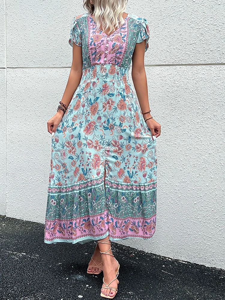 JIM & NORA Vintage, w kwiaty nadruk w stylu Boho Vestidos damskie krótkie rękawy V dekolt szczelinowe sukienki Midi linia czeska letnia sukienka