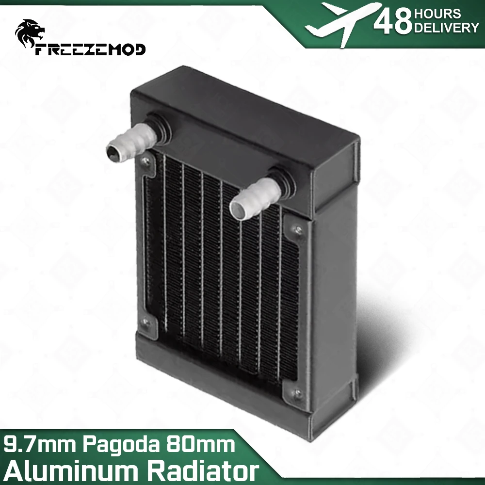 FREEZEMOD 80mm Aluminum Radiator with Two OD 9.7mm Pagoda Interfaces (compatible with ID8-9mm Hoses) for 80mm Fan PC Cooling MOD