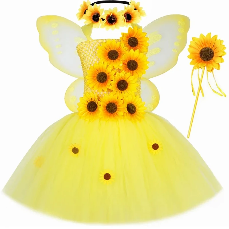 Fall Autumn Sunflower Fairy Cosplay Dress for Girls Thanksgiving Holiday Party Costume Set Yellow Kids Flower Girl Tutu Dresses