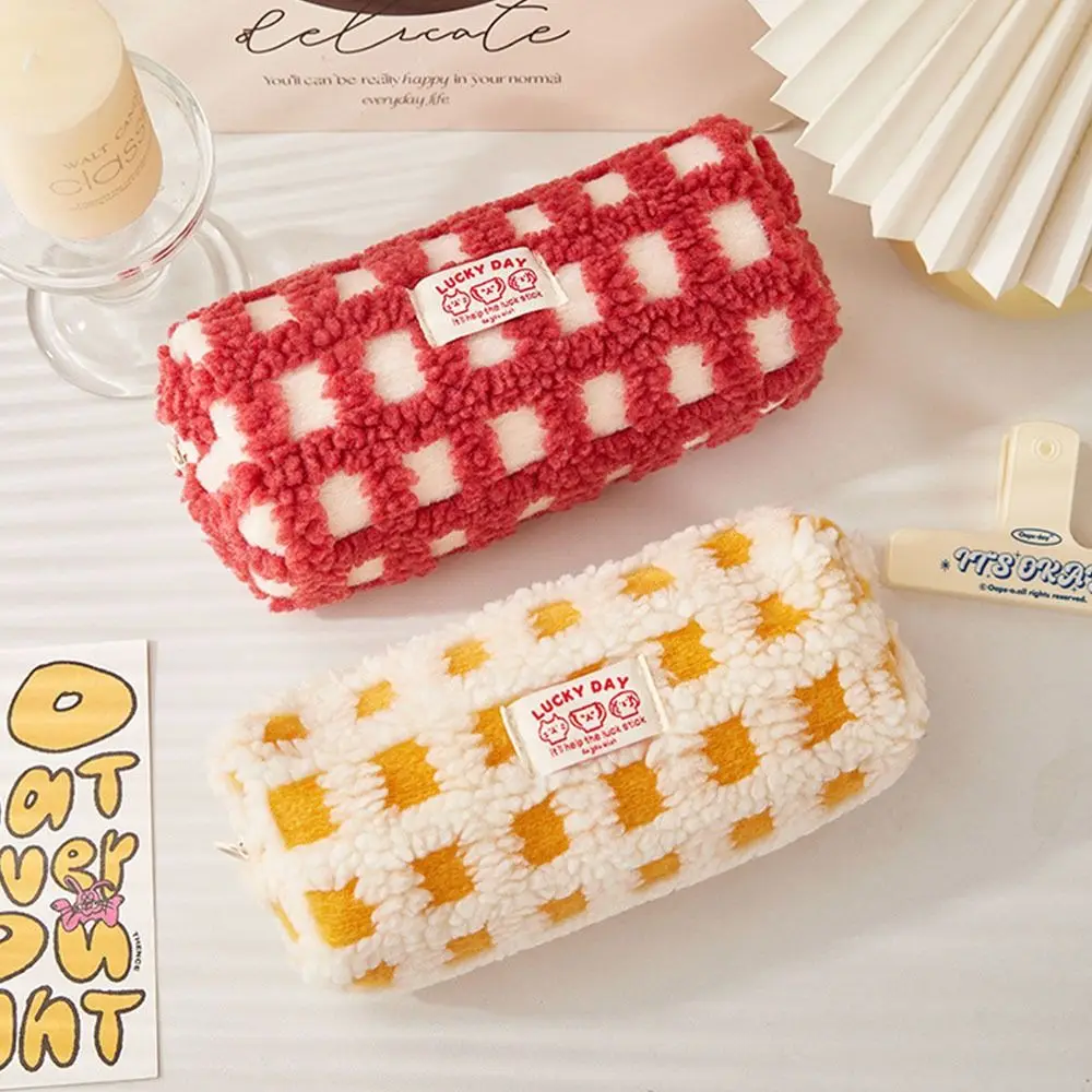 INS Style Plush Plaid Pencil Case Soft Quilting Seam Student Stationery Bag Large Capacity Stationary Storage Pouch