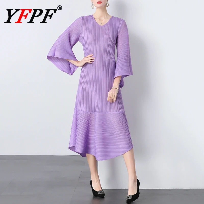

YFPF Women Dress Miyake Pleated V Neck Fashion Flare Sleeve Solid Color Long Dresses Elegant 2025 Summer New Clothing 3A405