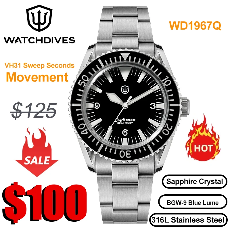 Watchdives WD1967Q Quartz Watch VH31 Sweep Second Quartz Movement Stainless Steel Men Watches Sapphire Crystal Super Lume BGW-9