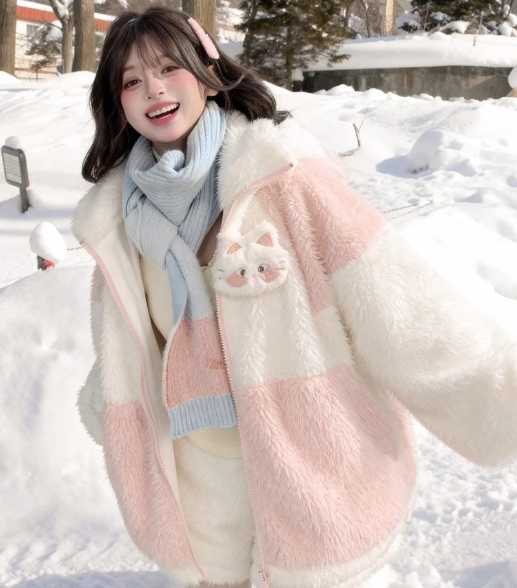 2025 Winter Warm Thickened Plush Coat Student Kawaii Y2K Faux Fur Hooded Jackets Cute Girl's Cat Ear Fur Outerwera for Women
