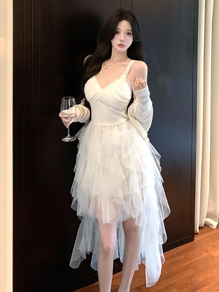 RORORIRI Desire V-neck Lace Stitch Mesh Tank Dress Women Asymmetric Ruffle Puffy Trailing Princess Dress Birthday Party Clothes