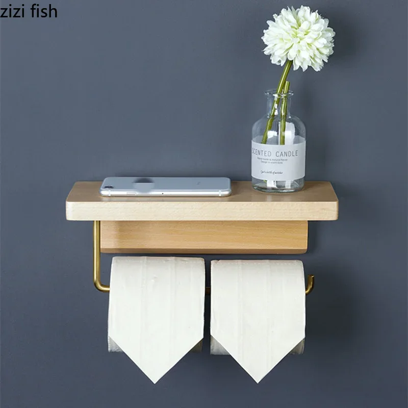 

Brass Wood Tissue Holder Toilet Roll Holders Wall-mounted Paper Holder Napkin Holders Paper Towel Rack Wall Shelf Storage Rack