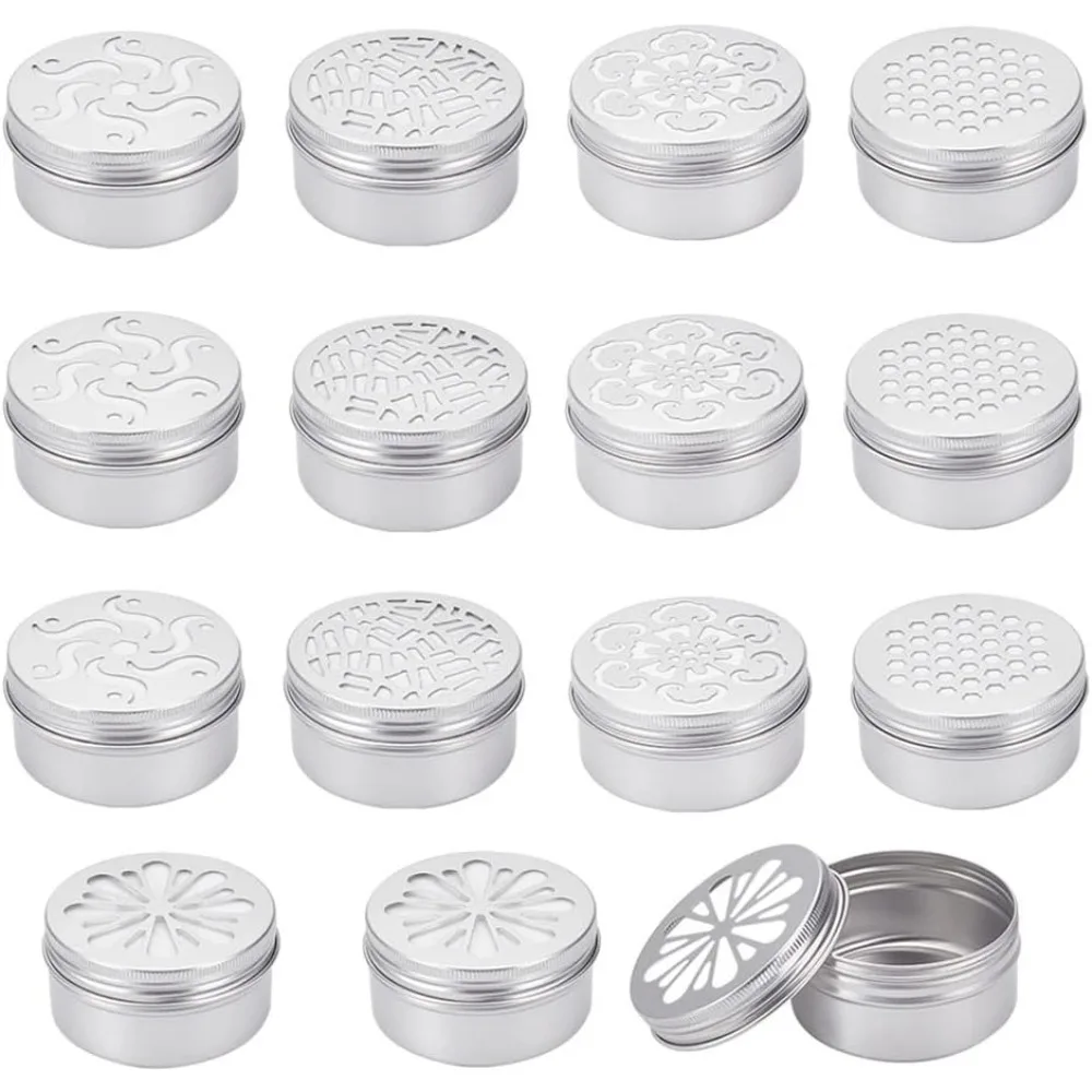 15 Pack 2.8 oz Aluminium Tins with Hollow Lid, 5 Style Refillable Screw Lid Round Jars Sample for Cosmetic, Aromatherapy, Air