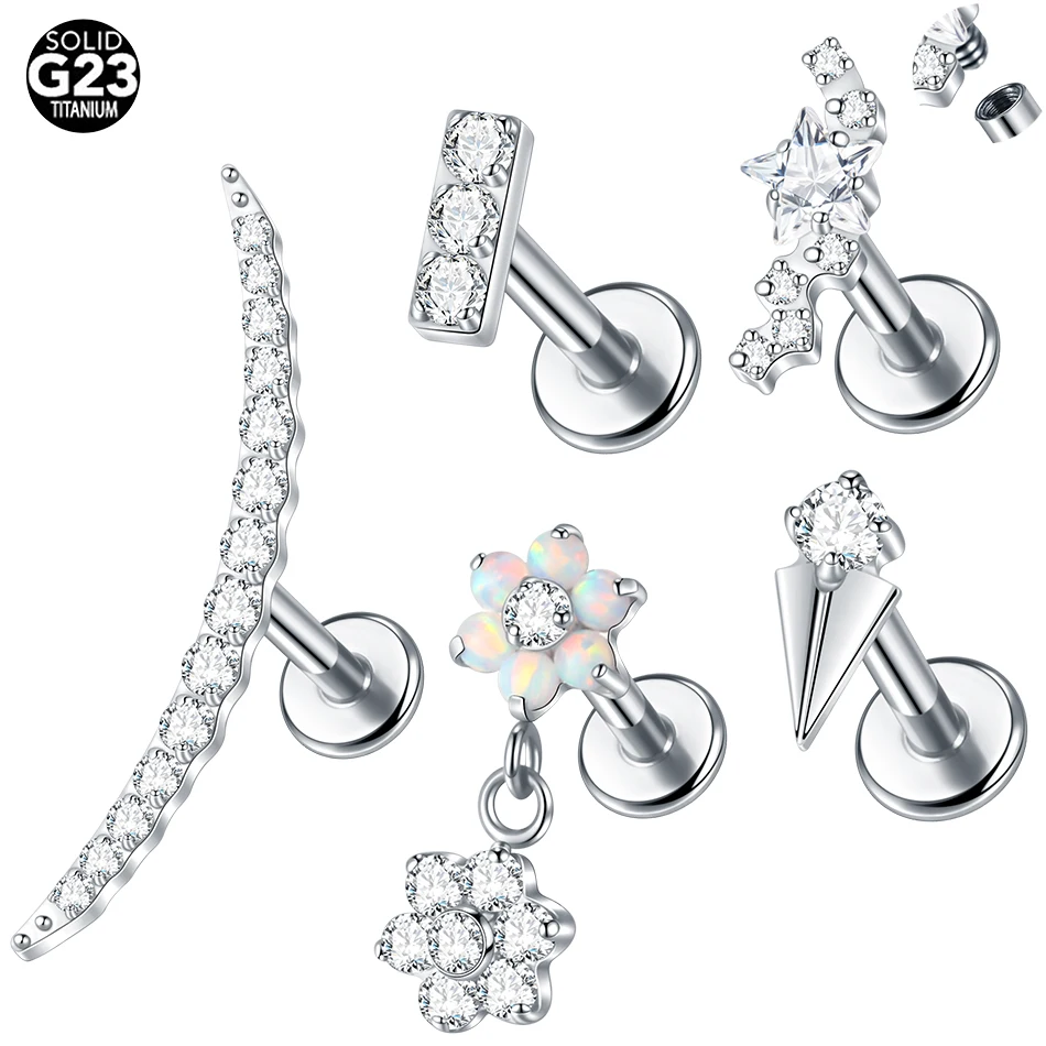 1PC Titanium Internally Thread Labret Lip Stud Moon CZ Cartilage Tragus Helix Stud Earring Daith Lobe Piercing Body Jewelry 16G