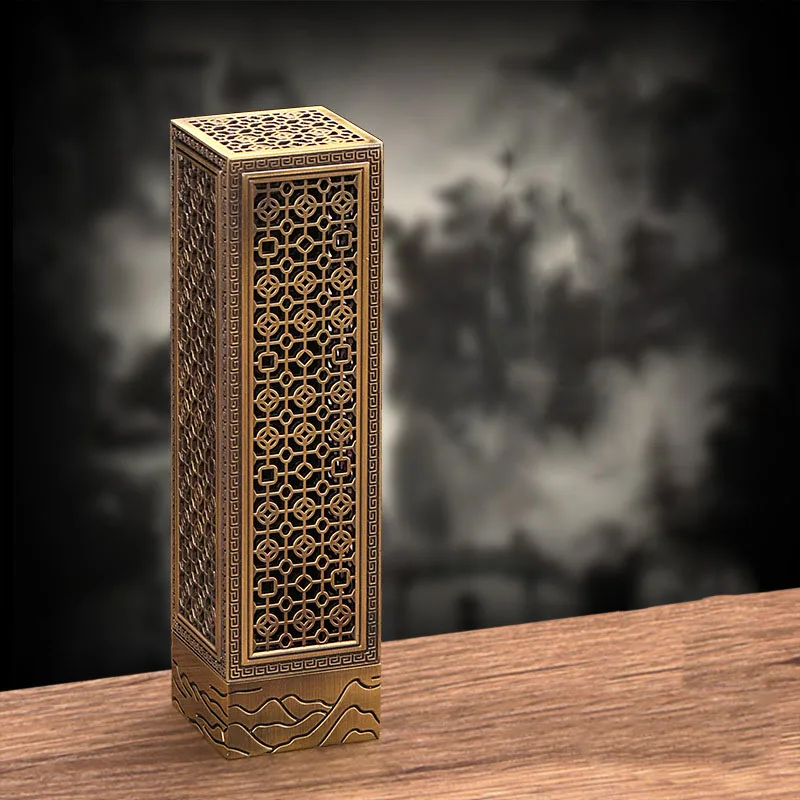 Chinese style copper coin pattern vertical incense burner indoor home column incense holder tea room sandalwood ornaments