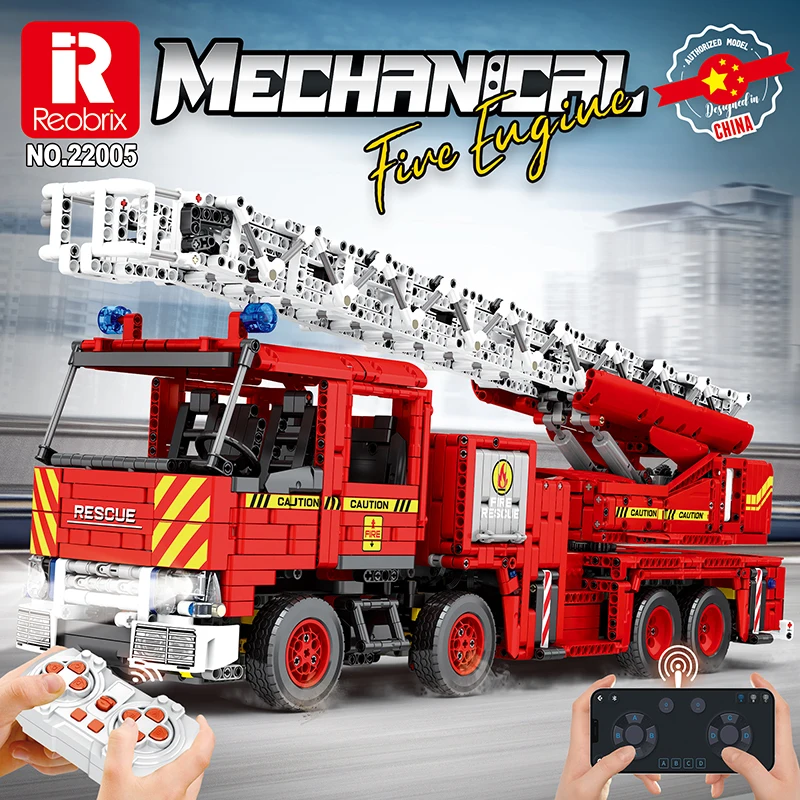 

Reobrix 22005 Mechanical Fire Engine Engineering Series RC Car APP Remote Control Technology MOC Toys Building Blocks Boy Gift