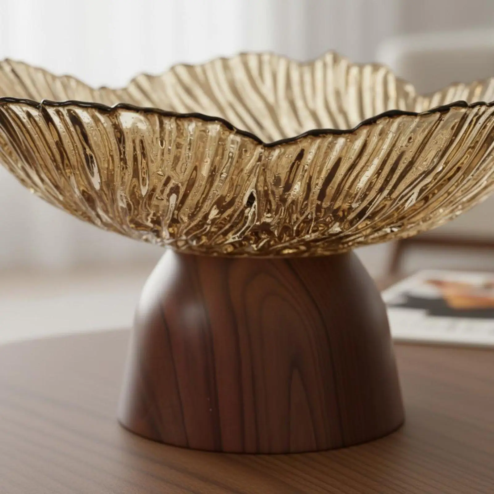 Industrial Tray High Foot Faux Wood Bowl Lightweight Decorative Storage Dish for Kitchen or Coffee Table