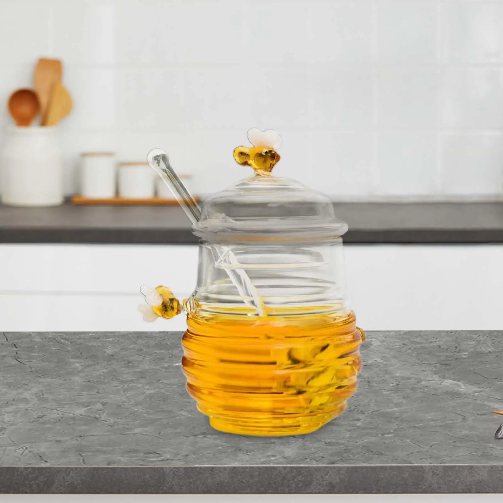 Honey Bee Pot Clear Dispenser Glass Beehive Honey Pot for Syrup Office Home