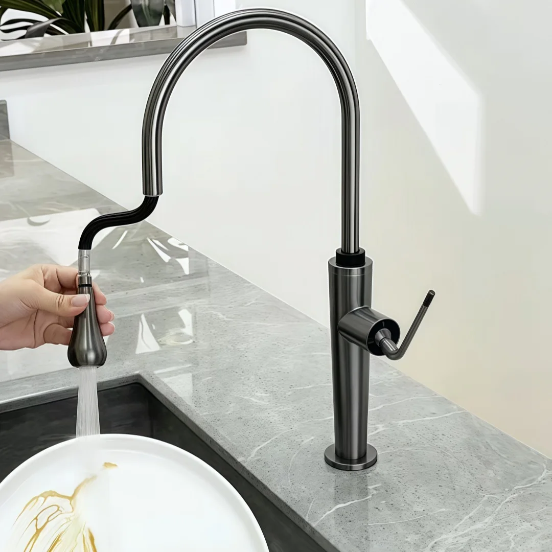 

Серый кухонный смеситель для раковины, однорычажный, для горячей и холодной воды, хромированный, поворотный, из нержавеющей стали 304, выдвижной кран для раковины