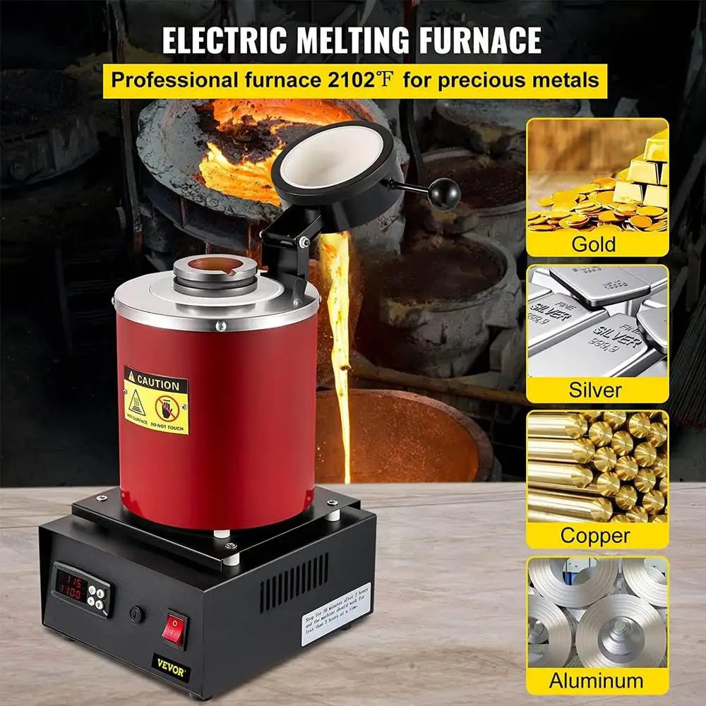 Digital Electric Gold Melting Furnace with 1KG/3KG Graphite Crucible Temperature Control Gold Lead Silver Tin Melting Machine