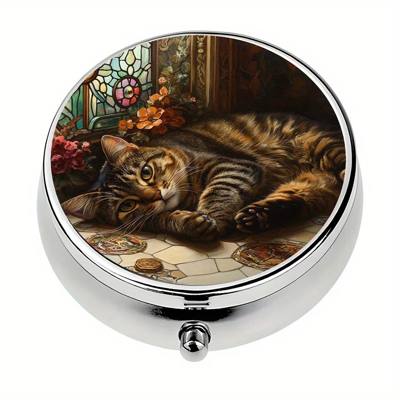 1-piece, three-compartment cat-themed mini pill box, pill storage box, portable decorative vitamin organizer for handbags