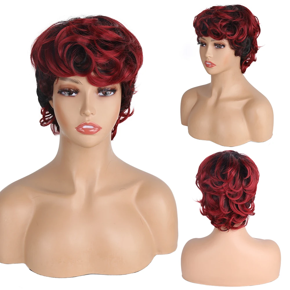 

Synthetic Short Curly Wig With Bangs Pixie Cut Wig Dark Wine Bob Wigs for Black Women Cosplay Party Ombre Black Blonde