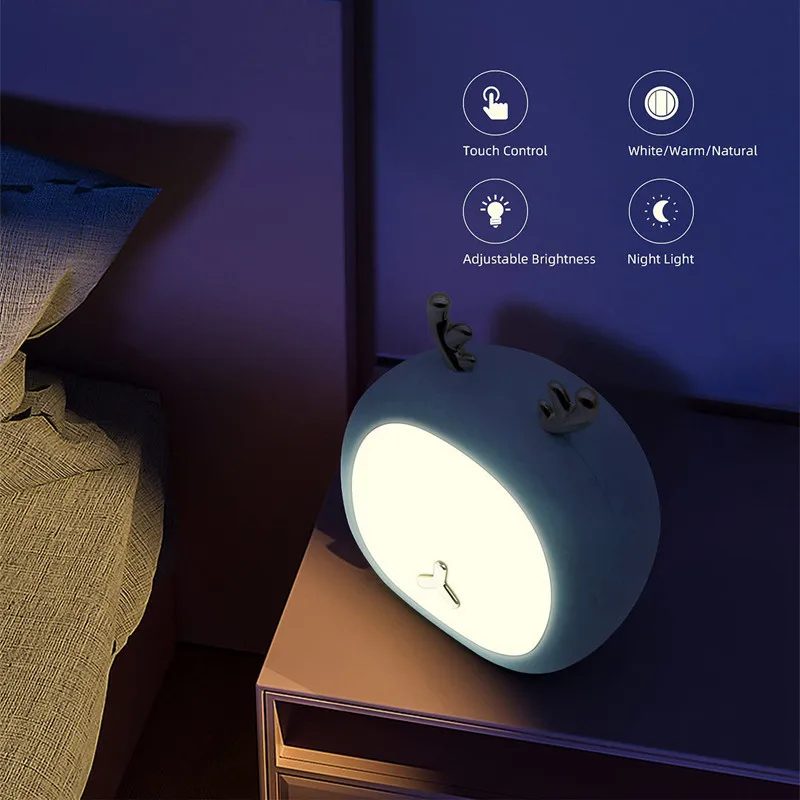 Luz nocturna de conejito de ciervo para niños, lámpara de mesita de noche, Control táctil recargable, 3 brillos, ajustable