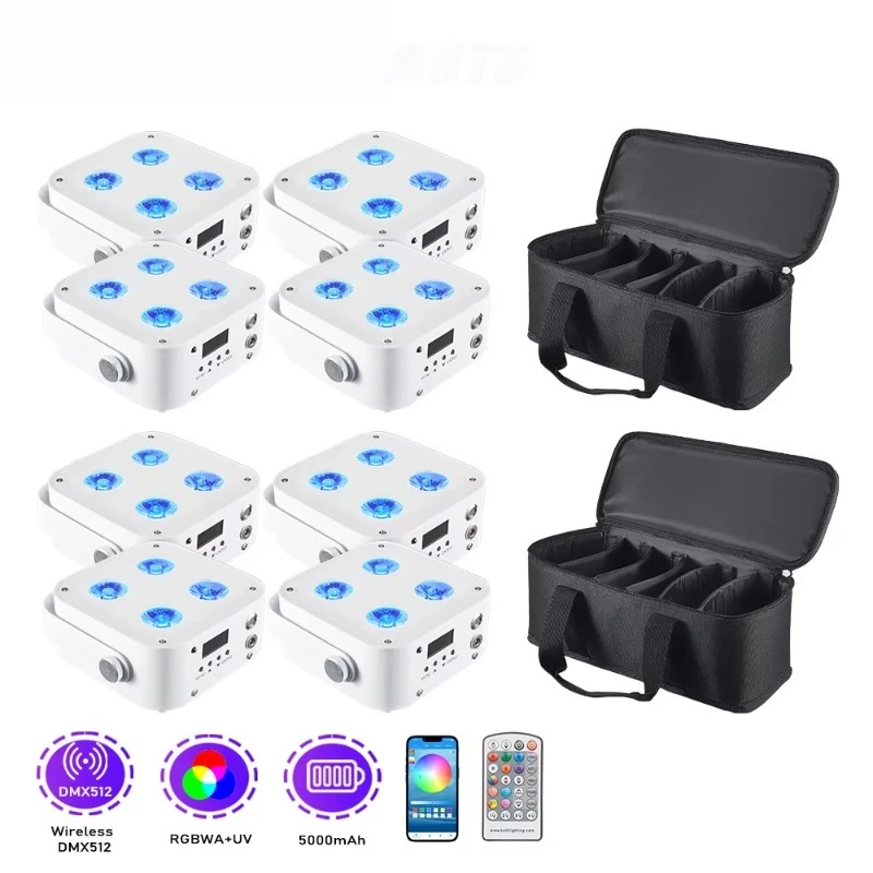 8pcs with Bag 4X12W RGBWA UV 6In1 Battery Par Light Wireless DMX512 Remote Wifi Control IR4 LED Uplight for DJ Disco Stage Hotel