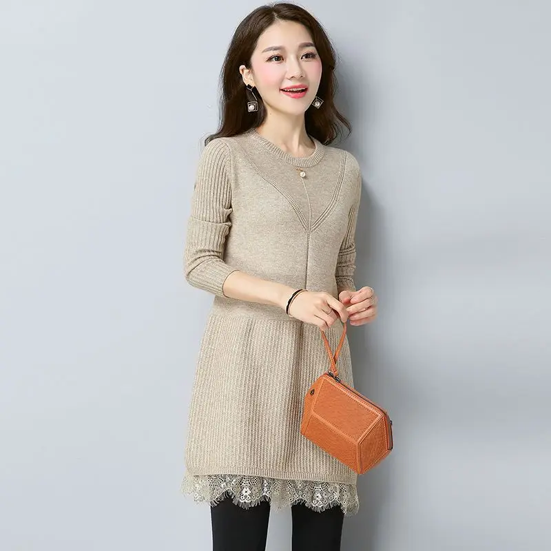 Autumn New Sweater Simplicity Patchwork Lace Solid Color O-neck Long Sleeve Knitting Mid Length Top Ladies All-match Pullovers