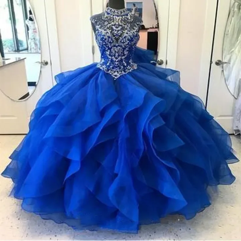 Robes de Quinceanera bleu royal irisées à col haut, corsage perlé en cristal, robe de Rhsuperposée en organza, corset de Rhde princesse à lacets