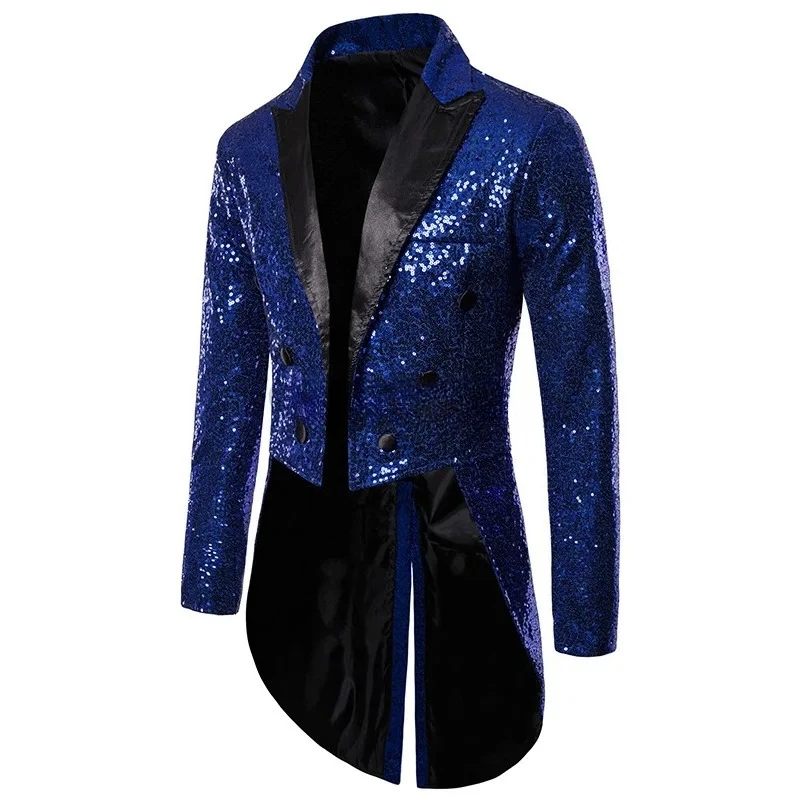 Men's Coat Gold Red Sequin Tuxedo Jacket Tails Slim Fit Tailcoat Dress Coat Swallowtail Dinner Party Wedding Blazer Suit Jacket