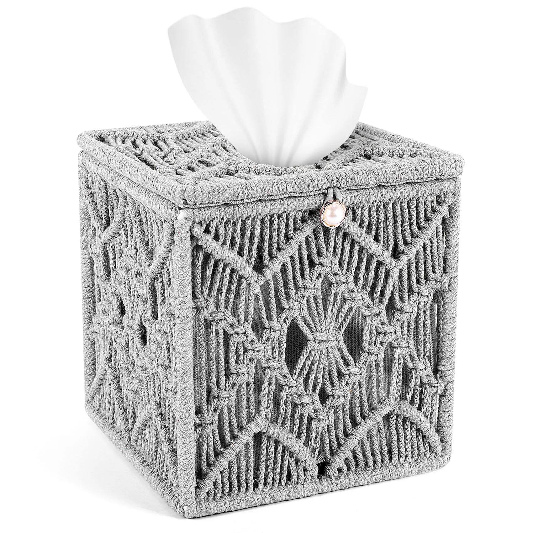 B50C Tissue Box Cover Boho Decor Square Paper Tissue Holder With Bead Buckle Macrame For Home Office