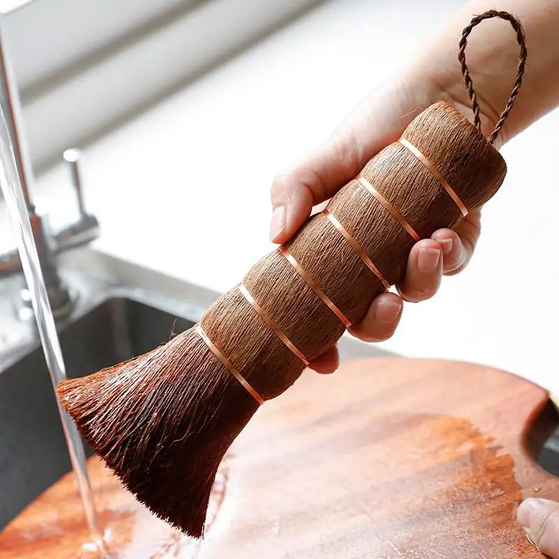 1/2PCS Natural Pot Brush Coconut Brown Long Handle Non-stick Oil Washing Pan Brushs Kitchen Hang Type Wok Dish Cleaning Brush