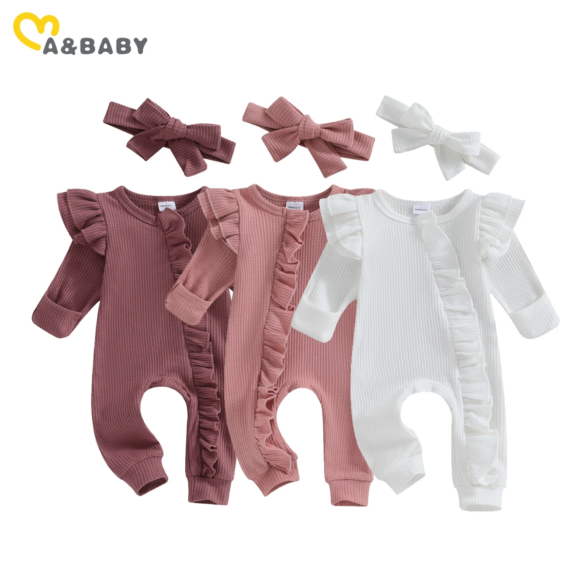 ma&baby 0-12M Newborn Infant Baby Girl Romper Fall Spring Long Sleeve Knit Zipper Jumpsuit + Headband Cute Outfits