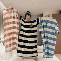 Women Sleepwear Night Dress Ladies Nightgown Sexy Nightwear Female Striped Milk Silk Night Shirts Summer Casual Home Clothes