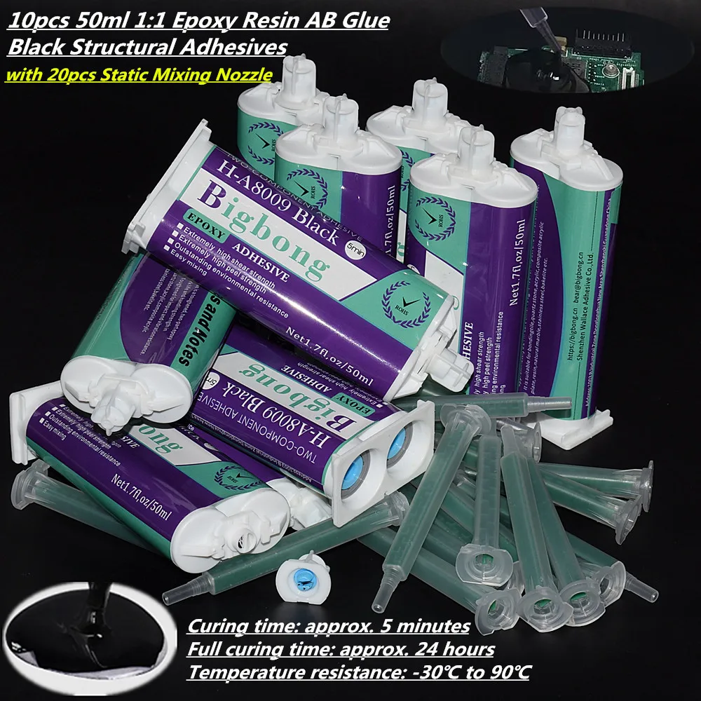 20 Stück statische Mischdüsen & 10 Stück starkes Epoxidharz 50 ml 1:1 schwarzer AB-Kleber, struktureller Klebstoff, 5 Minuten Aushärtung, Epoxidkleber-Set – Detail 4
