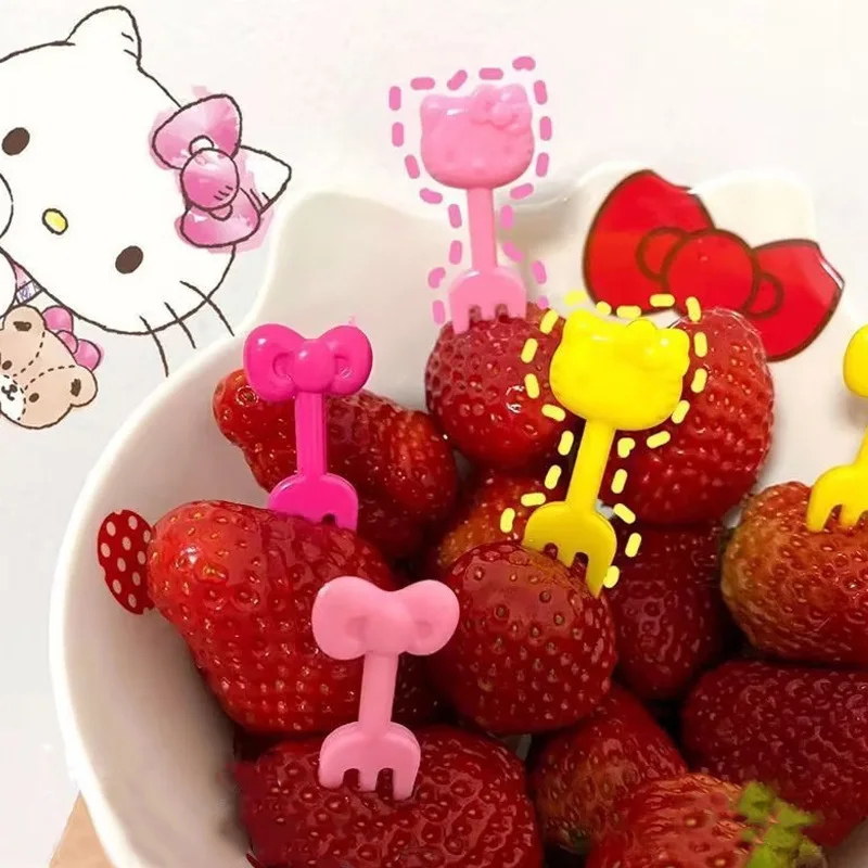 10 ชิ้น/เซ็ต Hello Kitty สร้างสรรค์ส้อมผลไม้ Bowknot สีสันทิ้งผลไม้น่ารักส้อมขนมรูปการ์ตูน Party Supplies ของขวัญ