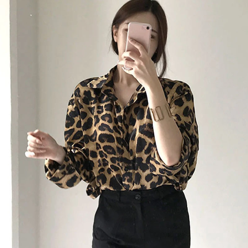 Rimocy Korean Sexy Leopard Print Shirt Women Chic Turndown Collar Long Sleeve Shirts Woman 2025 All Match Office Blouse Ladies